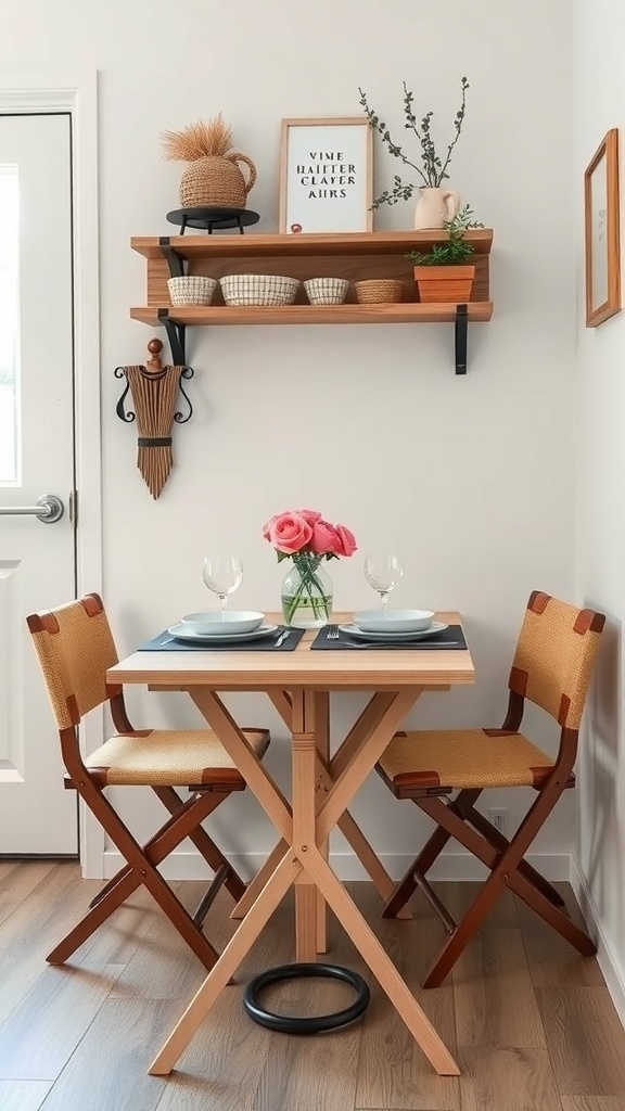 A cozy kitchenette with a foldable dining table and two chairs, decorated with plants and a shelf.