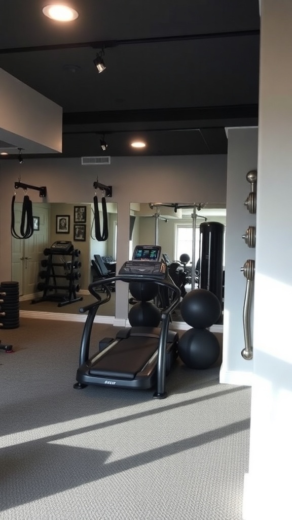 A stylish home gym featuring a treadmill, exercise balls, and weights in a well-lit basement.
