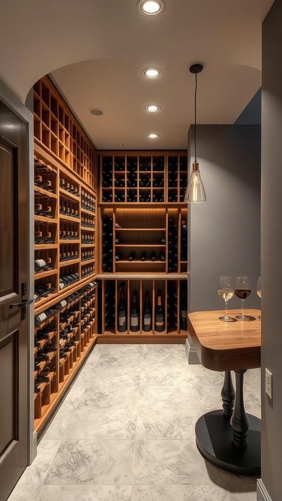 Stylish wine cellar with wooden racks and temperature control, featuring a small table with two glasses of wine.