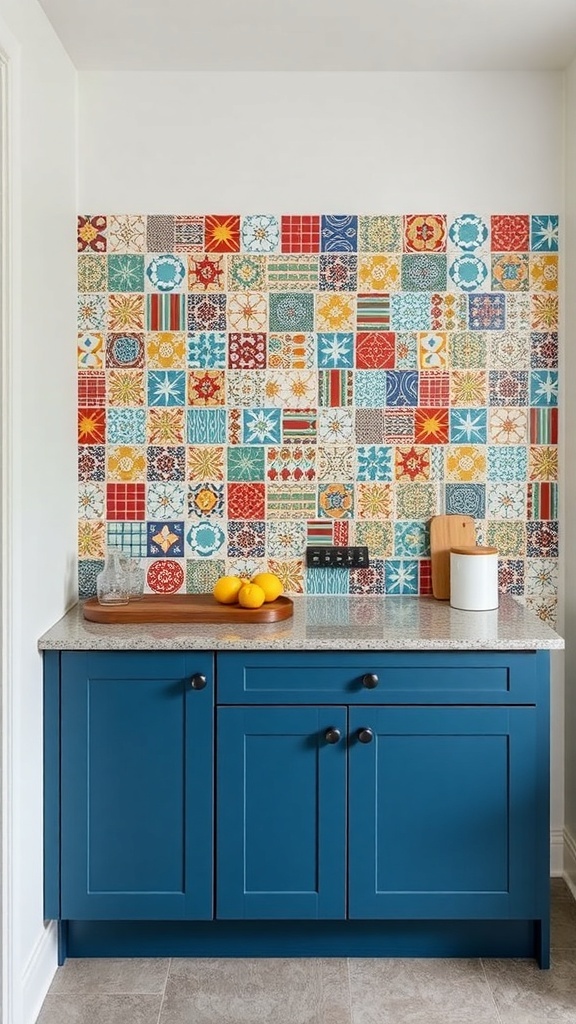 Colorful tiled backsplash in a kitchenette with blue cabinets and a countertop.
