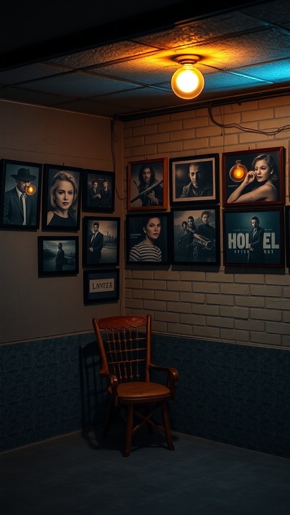 A moody basement with cinematic wall art and warm lighting