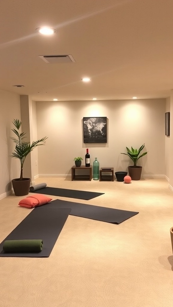 A relaxing spa and wellness zone in a finished basement with yoga mats, plants, and soft lighting.