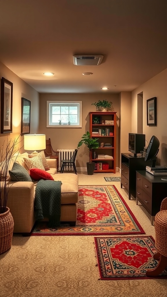 Cozy basement apartment with soft carpet, warm lighting, and decorative rugs.