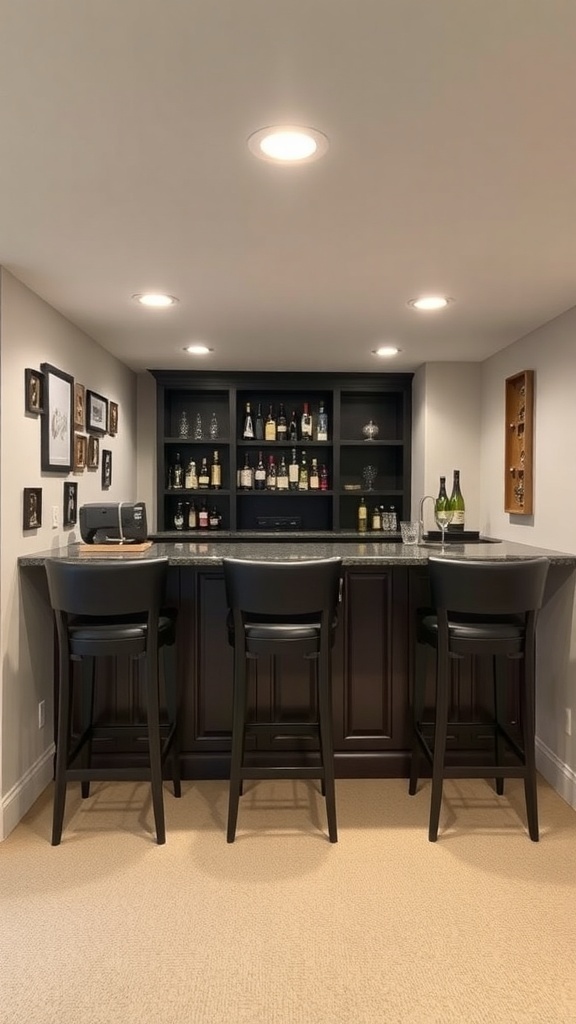 Chic bar and lounge area in a finished basement with dark wood bar, granite countertop, and high-backed stools.