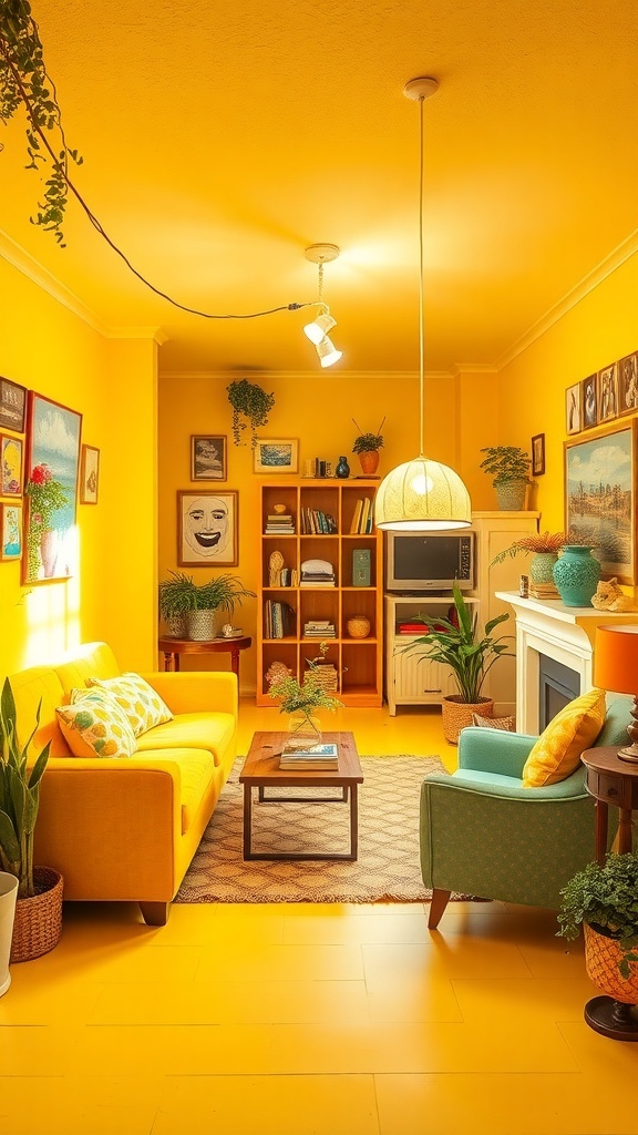A bright and cheerful basement painted in sunshine yellow with cozy furniture and plants.