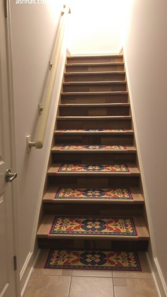 Colorful decorative stair treads on a wooden staircase