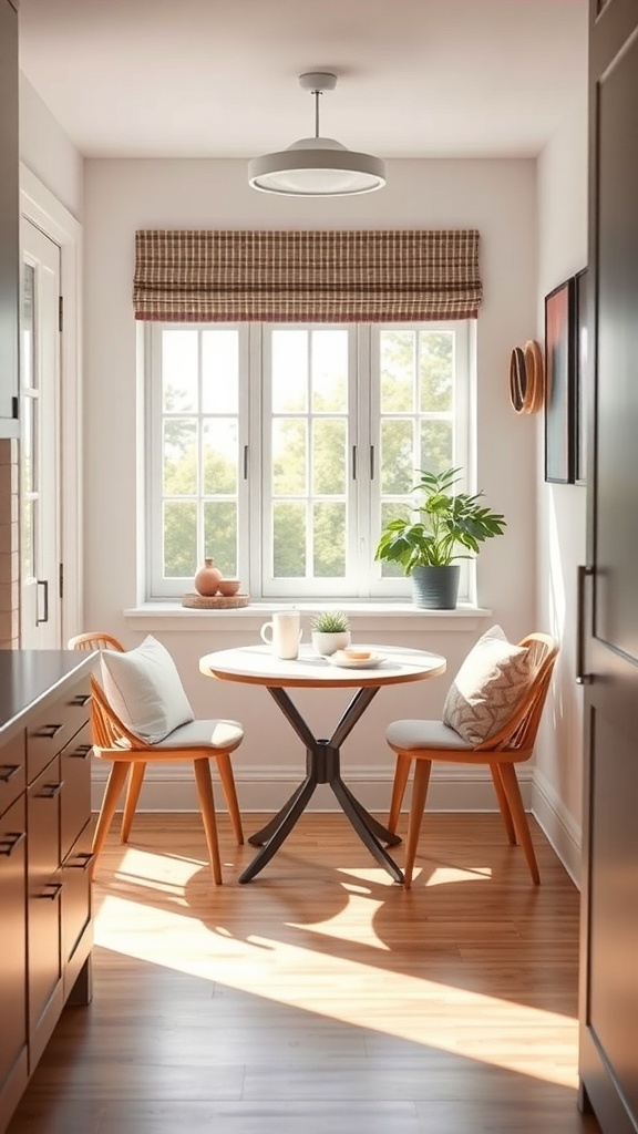 A cozy breakfast nook with a round table, two chairs, and a plant by the window.