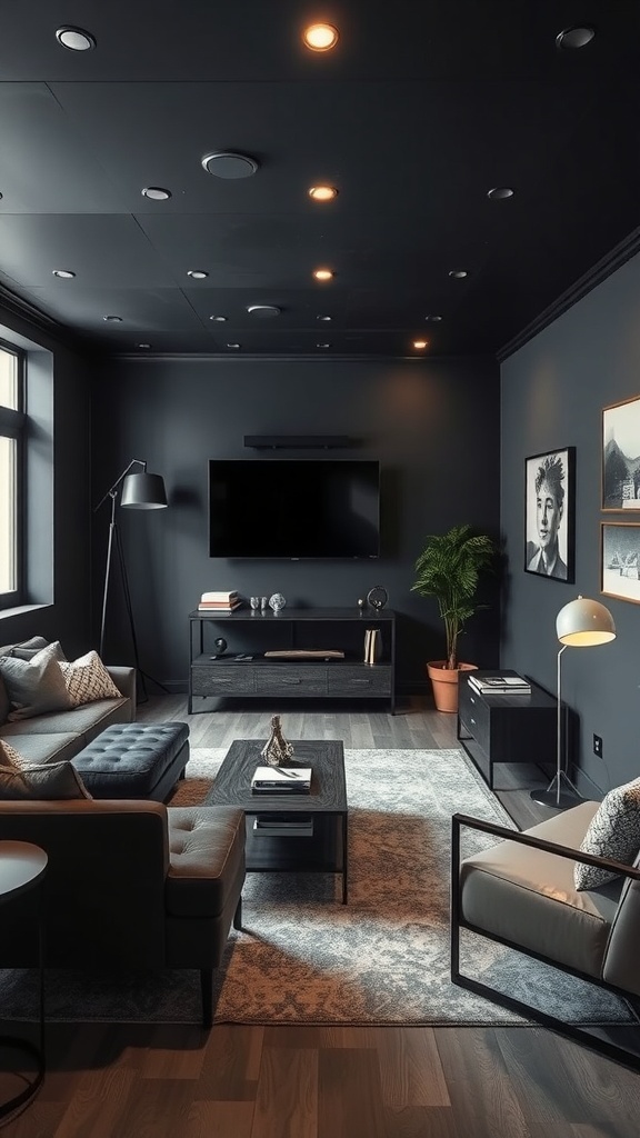 A modern basement with charcoal walls, stylish furniture, and soft lighting.