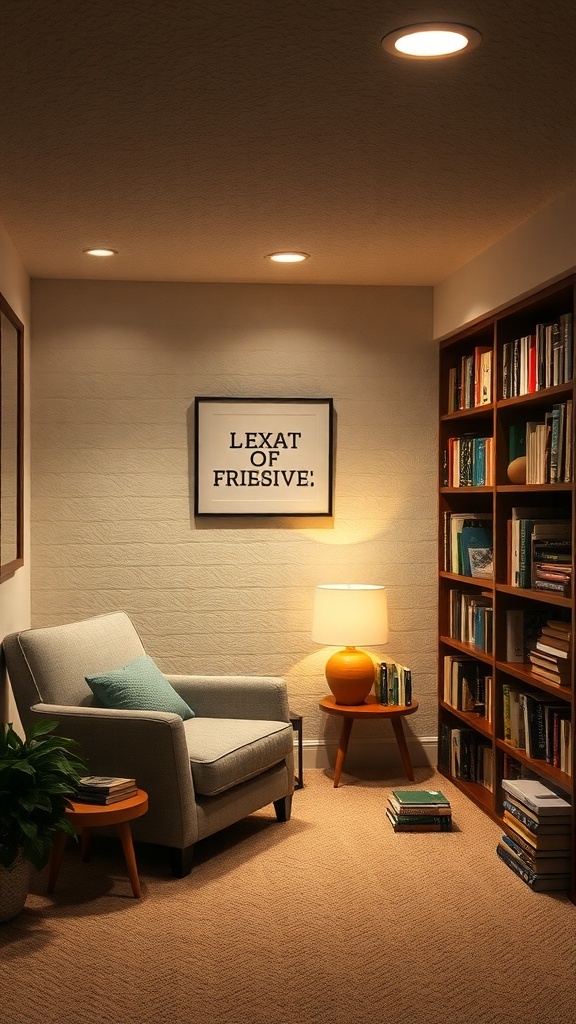 Cozy reading nook in a finished basement with a comfortable chair, bookshelf, and warm lighting.