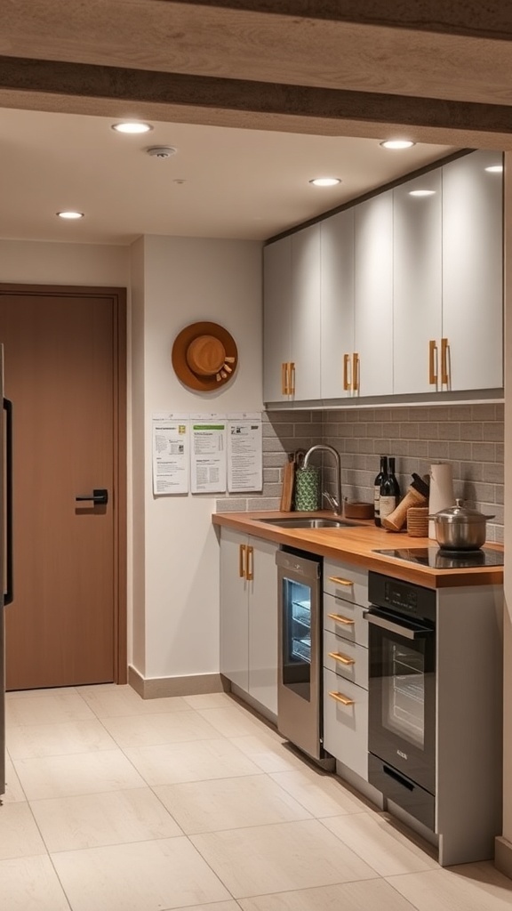 A modern basement kitchenette featuring sleek cabinets, warm wood countertops, and smart appliances.