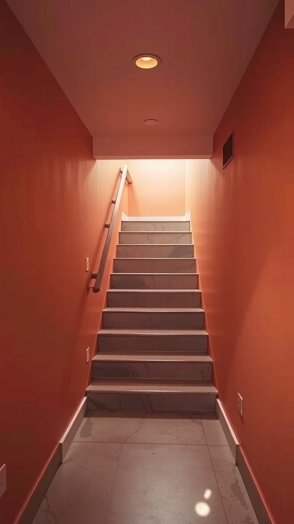 A warm coral-painted basement stairwell with soft lighting.
