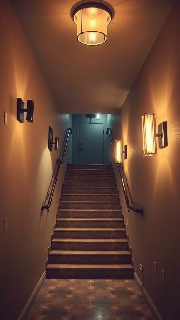 A well-lit basement stairwell featuring a vintage ceiling light and modern wall sconces.