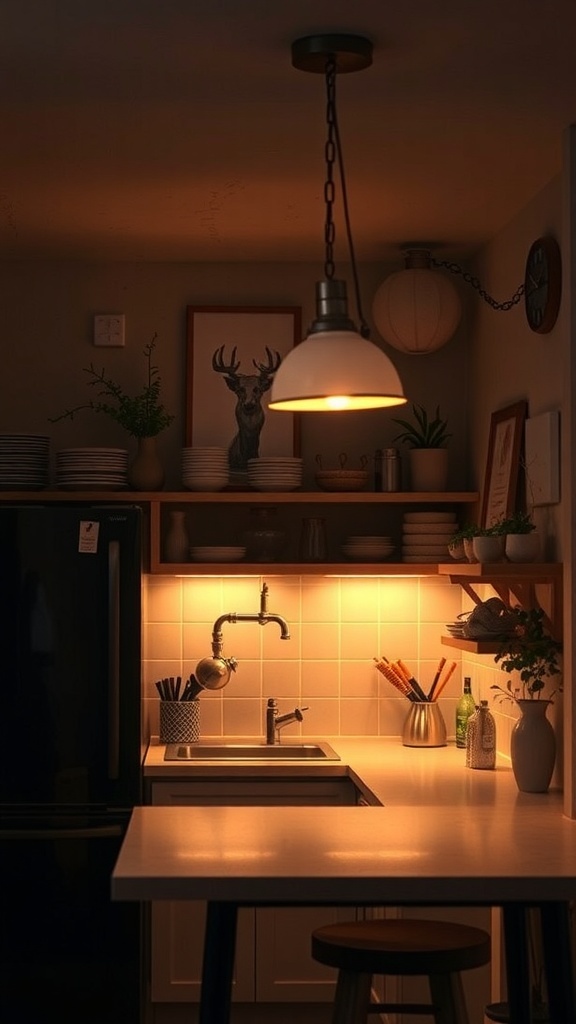 A cozy basement kitchenette with warm lighting, featuring a pendant light, under-cabinet lights, and decorative plants.