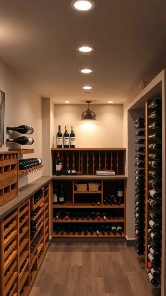 A stylish wine cellar with wooden racks and soft lighting, showcasing various wine bottles.