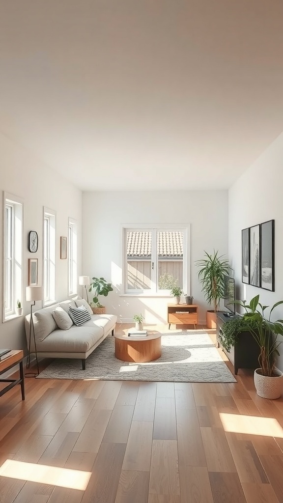 Bright living area in a basement apartment with multiple windows and plants.