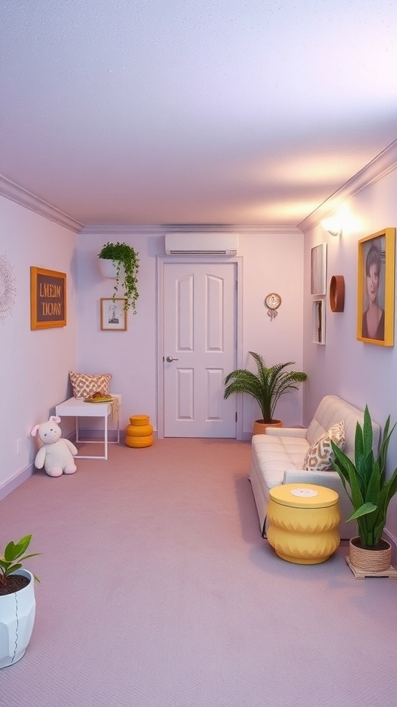 A cozy basement with light lavender walls, a white sofa, and playful decor.