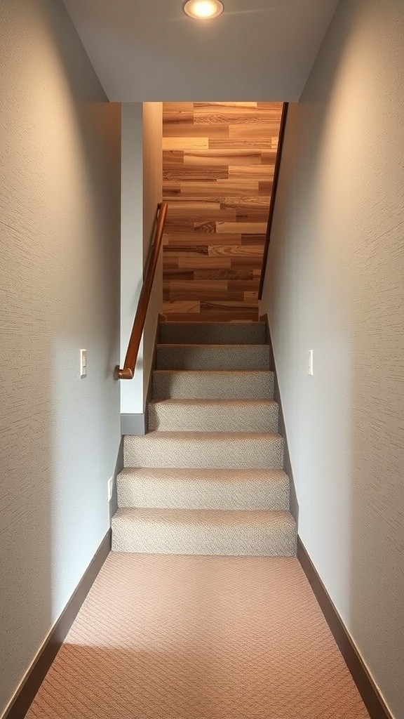 A well-lit basement stairwell with textured walls and wooden stairs.