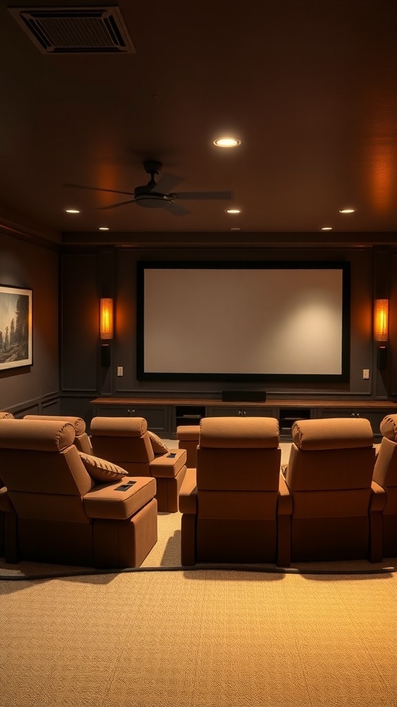 Cozy home theater with plush seating and a large screen