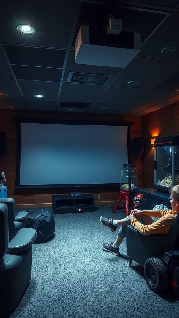 Cozy basement movie theater setup with a large screen, popcorn machine, and comfortable seating.