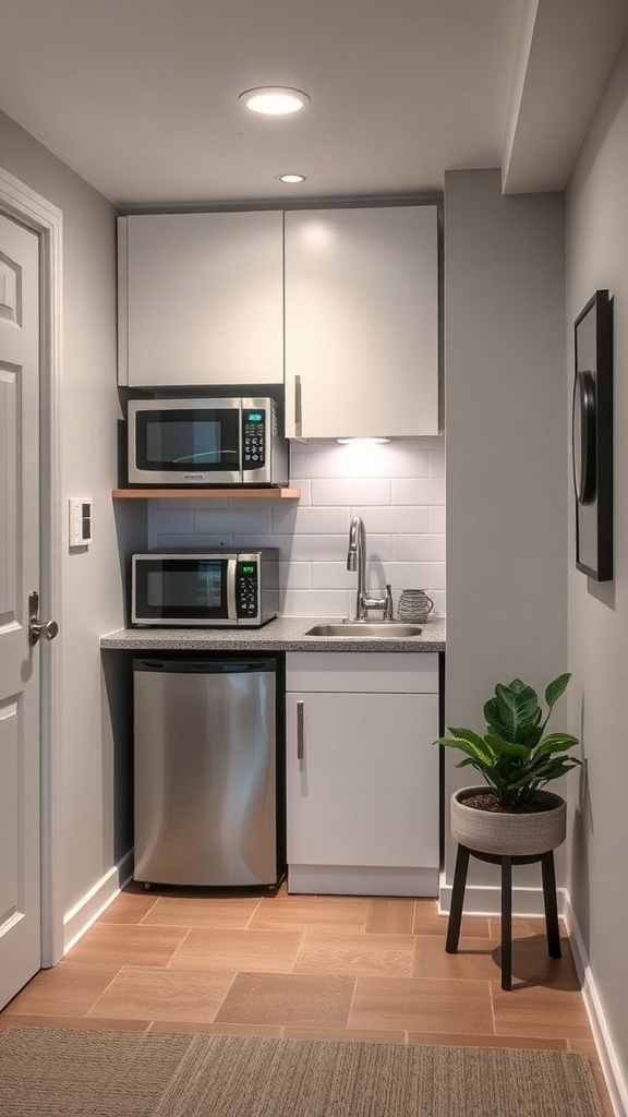 Compact basement kitchenette featuring a small refrigerator, two microwaves, a sink, and a potted plant.