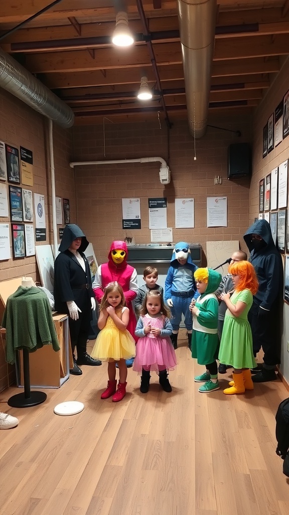 A group of children in colorful costumes gathered in a themed dress-up area.