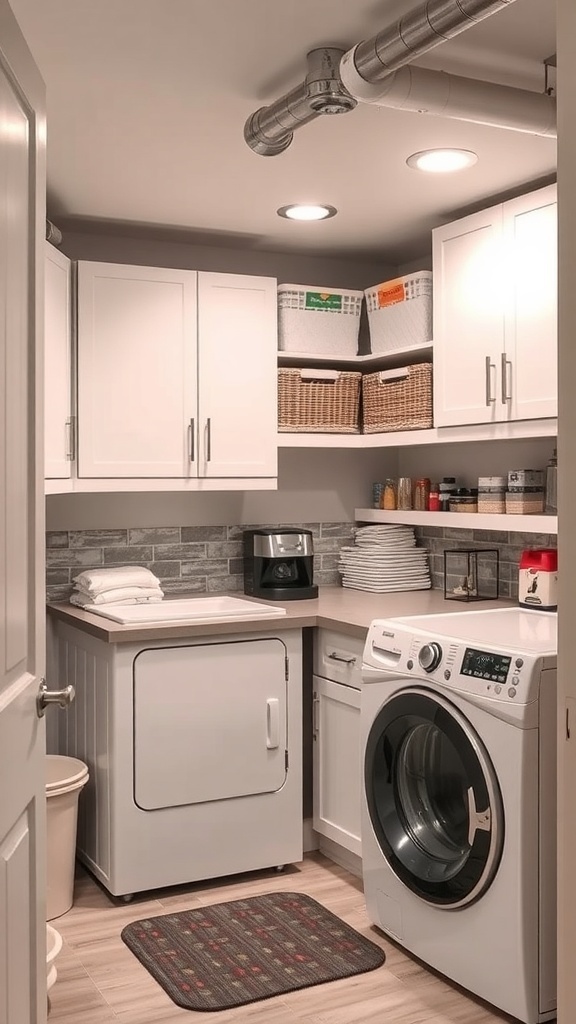 A spacious and organized laundry room in a basement with white cabinets, a washer and dryer, and a countertop.