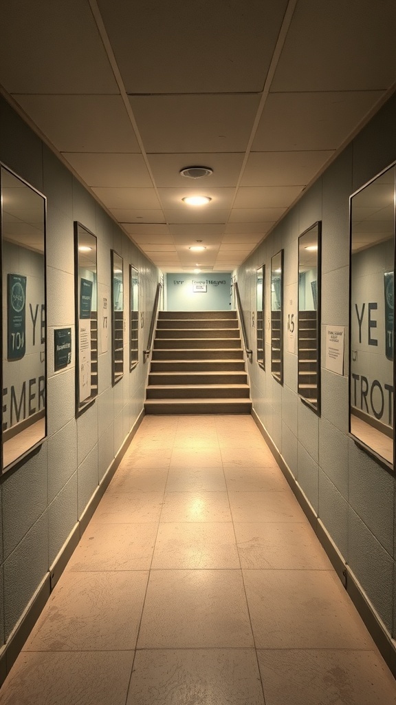A basement stairwell with mirrors on both sides, creating a bright and spacious feel.