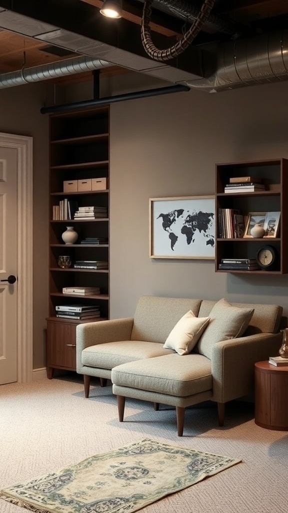 Cozy basement apartment corner with a couch and shelves