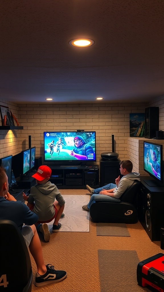 A cozy gaming zone in a basement with kids playing video games on multiple consoles.