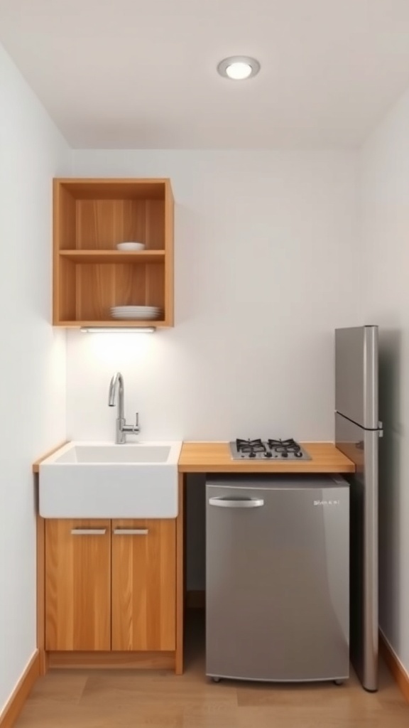 Compact kitchenette with wooden cabinets, sink, stove, and refrigerator.