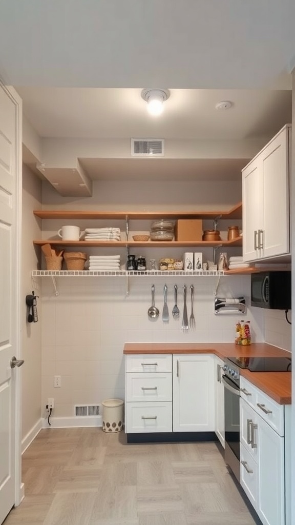 A compact basement kitchenette with open shelving, utensils hanging, and modern cabinetry.