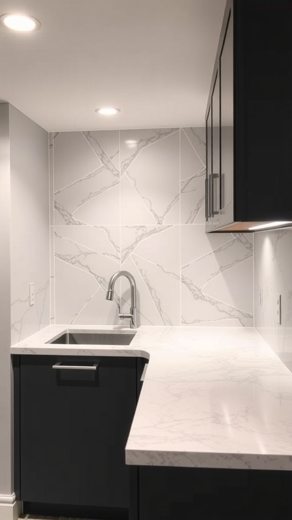 Stylish basement kitchenette with marble countertop and dark cabinetry