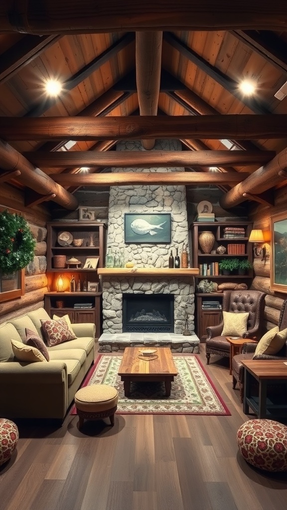 Cozy basement with rustic cabin vibe featuring wood accents, stone fireplace, and comfortable seating.