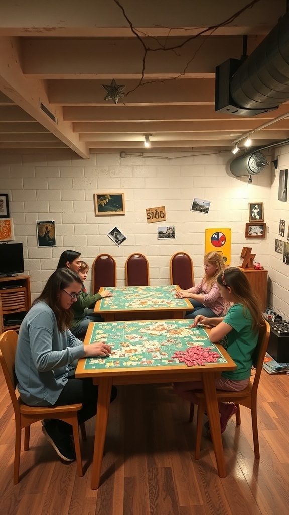 Kids playing puzzles and games in a cozy basement hangout