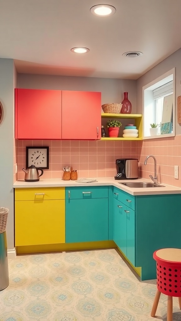 A colorful basement kitchenette featuring red, turquoise, and yellow cabinets with a pink backsplash.