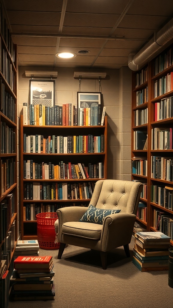 A cozy reading nook in a basement with bookshelves, a comfortable chair, and warm lighting.