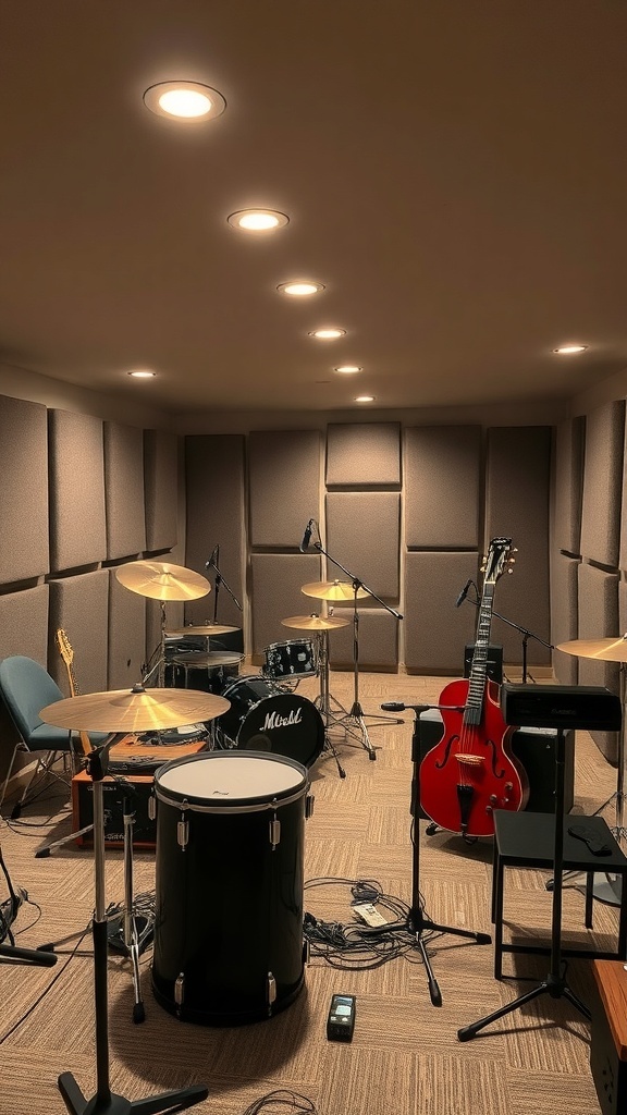 A cozy music studio in a finished basement with drums, guitars, and soundproof walls.