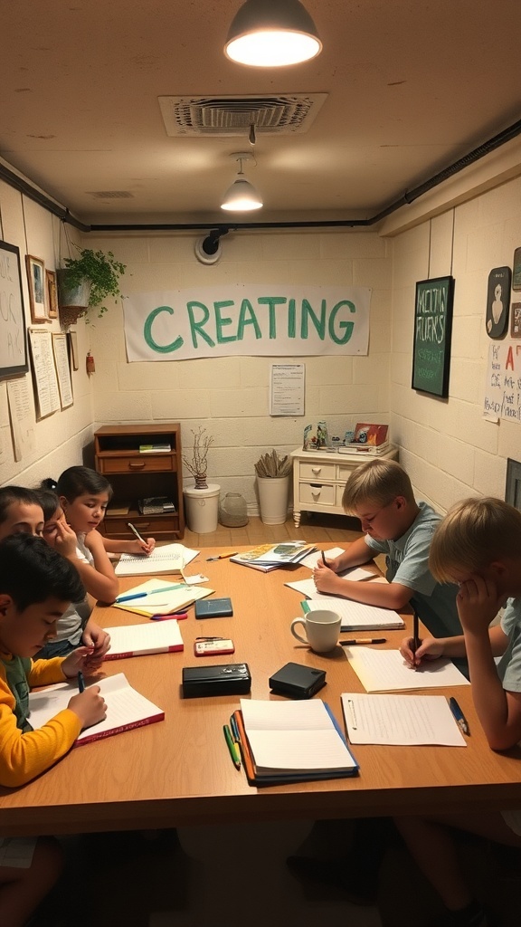 Kids engaged in creative writing in a basement space with a 'CREATING' banner.
