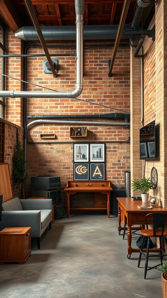 A cozy industrial chic basement with exposed brick walls, metal pipes, wooden furniture, and decorative artwork.