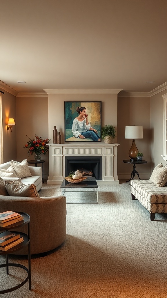 Cozy living area with soft taupe walls, elegant furniture, and decorative elements.