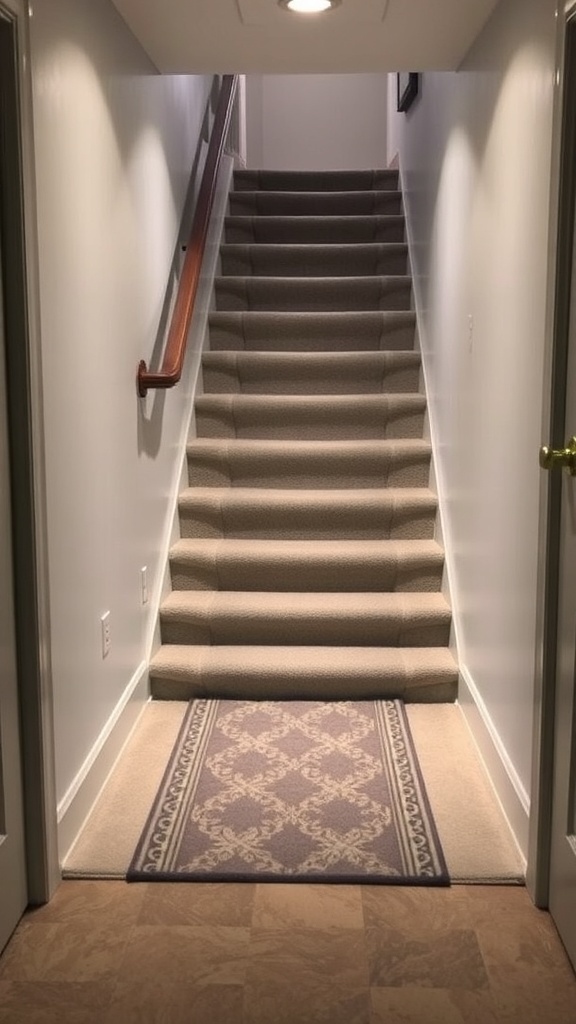 A basement stairwell with a stylish carpet runner leading up the stairs.