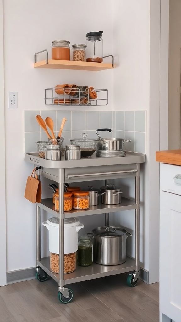 A modern portable kitchen cart with pots and jars, placed in a small kitchenette.
