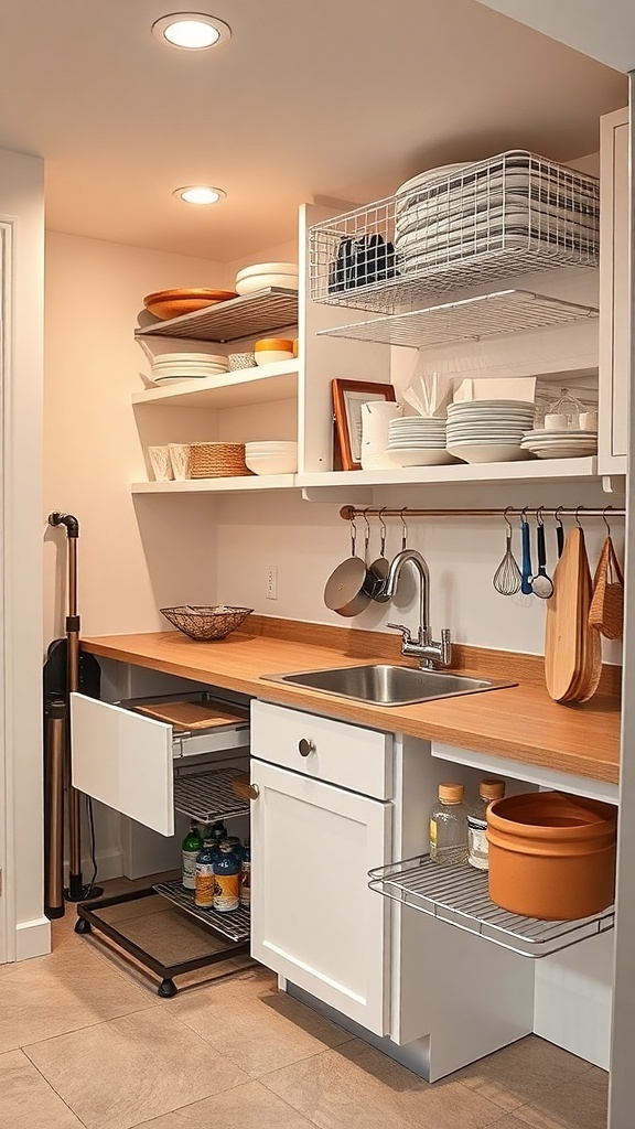 A small basement kitchenette with open shelving, a sink, and organized storage solutions.