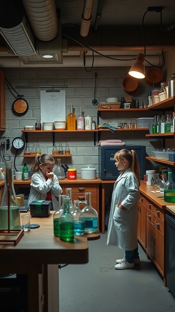 Two kids in a DIY science lab with colorful liquids in glass beakers.
