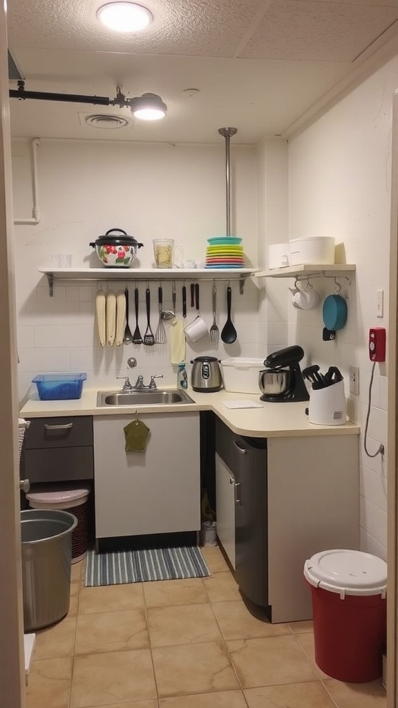 A compact basement kitchenette with a sink, countertop, and essential appliances.