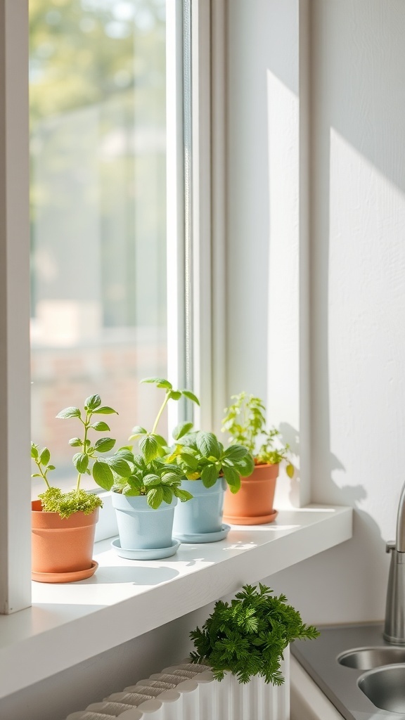 A bright windowsill with small pots of herbs like basil, mint, and parsley.
