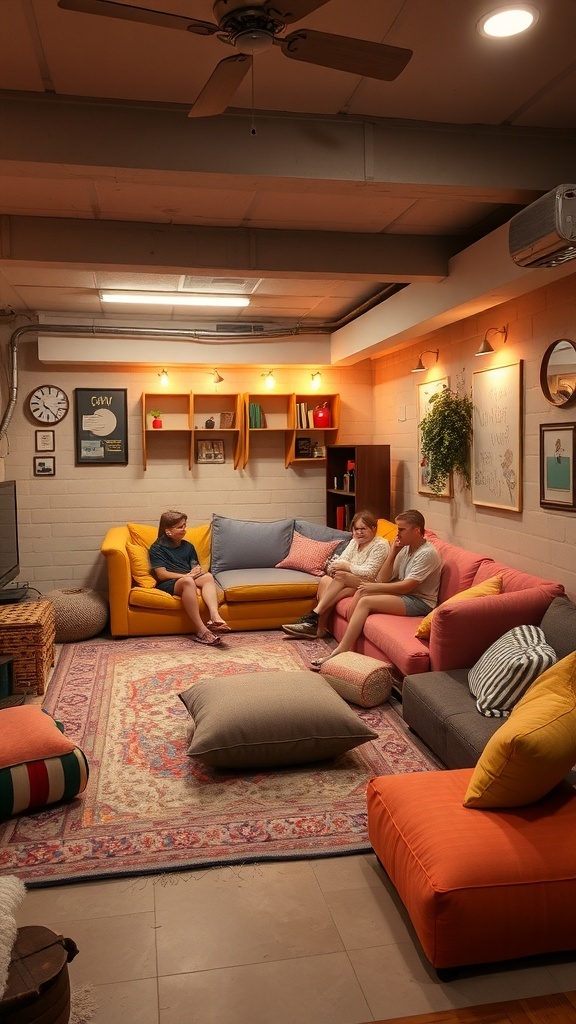 A cozy basement lounge with colorful couches and pillows, where friends are relaxing and chatting.