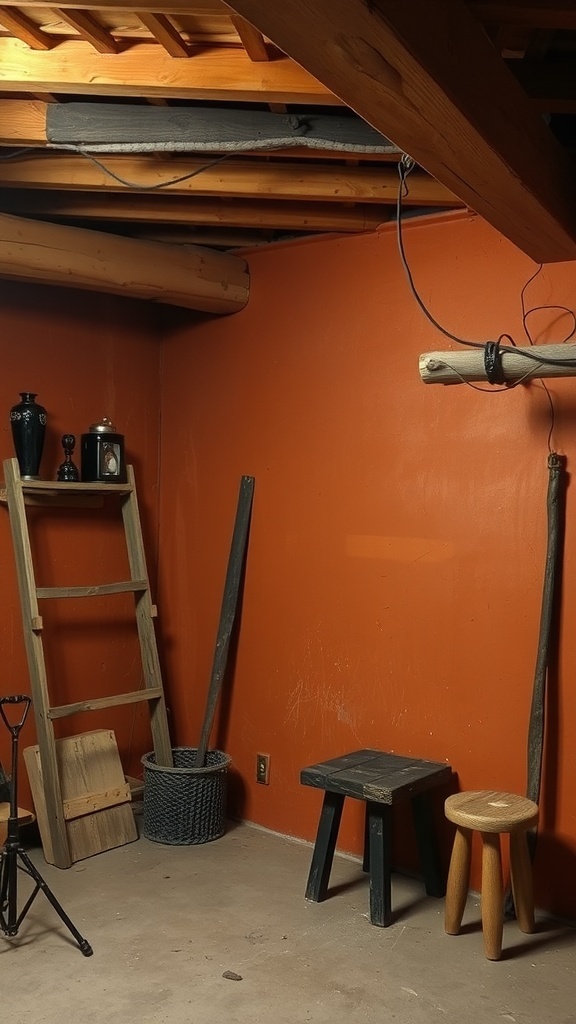A rustic basement with earthy terracotta walls and wooden furniture.