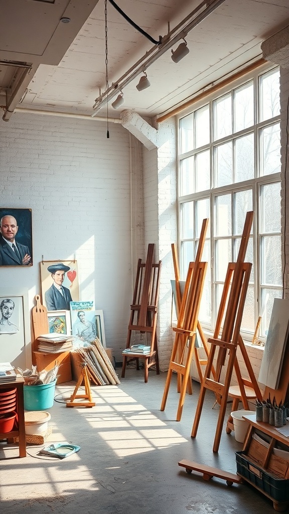 Bright and airy art studio with easels, artwork, and natural light