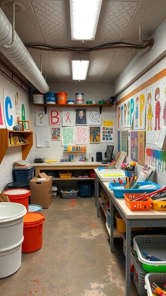 A colorful art and craft station with supplies and children's artwork on the walls.
